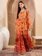 Women Orange Floral Short Kurta With Sharara Pants