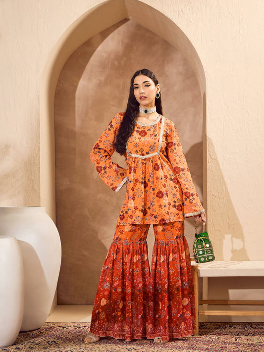 Women Orange Floral Short Kurta With Sharara Pants