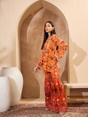 Women Orange Floral Short Kurta With Sharara Pants