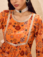 Women Orange Floral Short Kurta With Sharara Pants