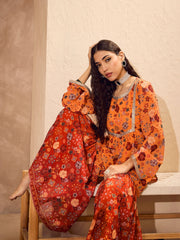 Women Orange Floral Short Kurta With Sharara Pants