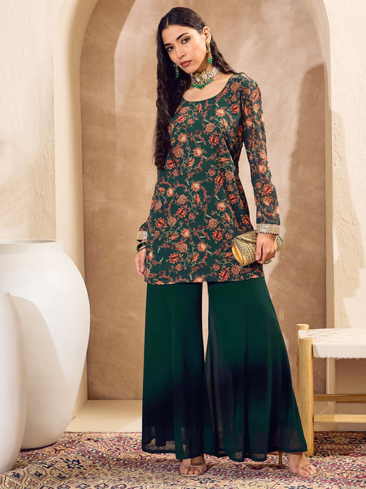 Women Green Floral Short Kurta With Palazzos