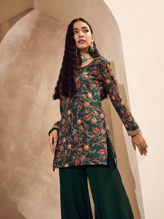 Women Green Floral Short Kurta With Palazzos