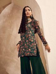 Women Green Floral Short Kurta With Palazzos