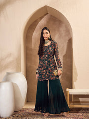 Women Green Floral Short Kurta With Palazzos