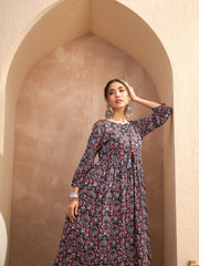 Women Black Floral Gathered Kurta With Pencil Pants