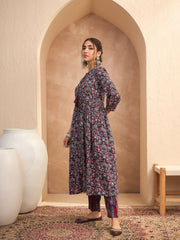 Women Black Floral Gathered Kurta With Pencil Pants