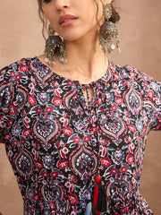 Women Black Floral Gathered Kurta With Pencil Pants