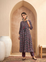 Women Black Floral Gathered Kurta With Pencil Pants