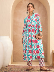 Women Off White Floral Gathered Kurta With Pencil Pants