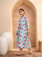 Women Off White Floral Gathered Kurta With Pencil Pants
