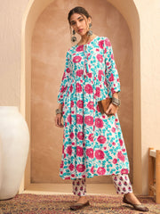 Women Off White Floral Gathered Kurta With Pencil Pants