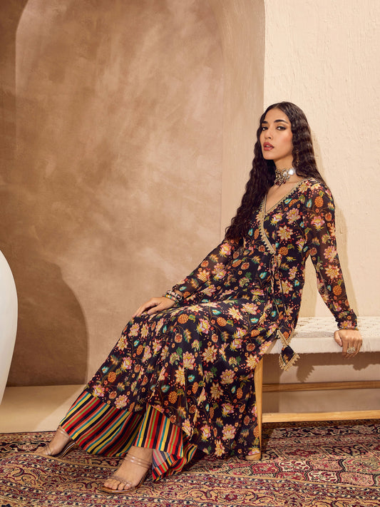 Women Black Floral Wrap Anarkali Kurta With Palazzos
