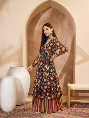 Women Black Floral Wrap Anarkali Kurta With Palazzos