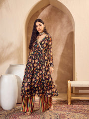 Women Black Floral Wrap Anarkali Kurta With Palazzos