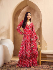 Women Red Floral Wrap Anarkali Kurta With Palazzos