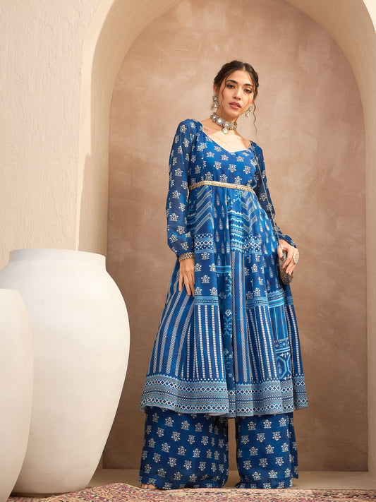 Women Blue Floral Sweetheart Neck Anarkali Kurta With Palazzos