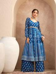 Women Blue Floral Sweetheart Neck Anarkali Kurta With Palazzos