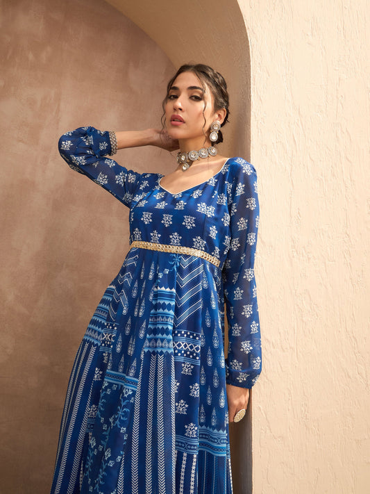 Women Blue Floral Sweetheart Neck Anarkali Kurta With Palazzos