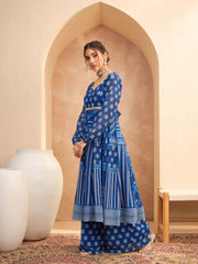 Women Blue Floral Sweetheart Neck Anarkali Kurta With Palazzos