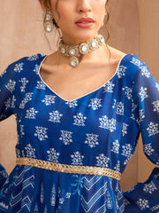 Women Blue Floral Sweetheart Neck Anarkali Kurta With Palazzos