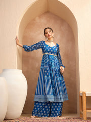Women Blue Floral Sweetheart Neck Anarkali Kurta With Palazzos