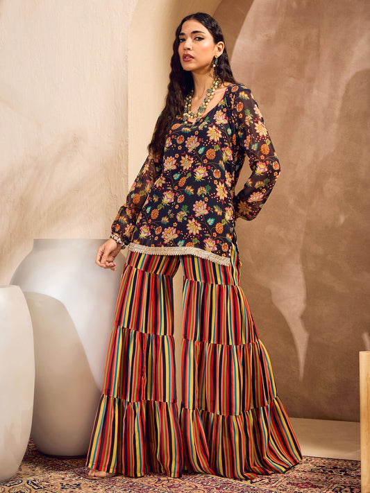 Women Black Floral Short Kurta With Tiered Sharara