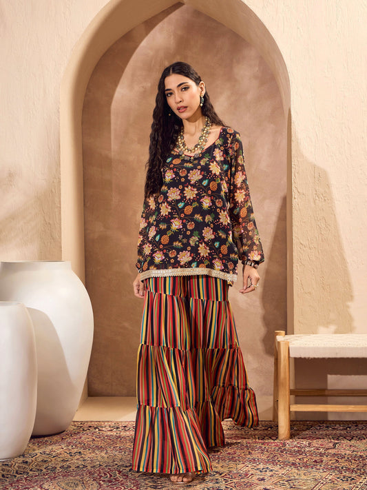 Women Black Floral Short Kurta With Tiered Sharara