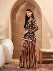 Women Black Floral Short Kurta With Tiered Sharara