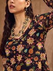 Women Black Floral Short Kurta With Tiered Sharara