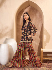 Women Black Floral Short Kurta With Tiered Sharara