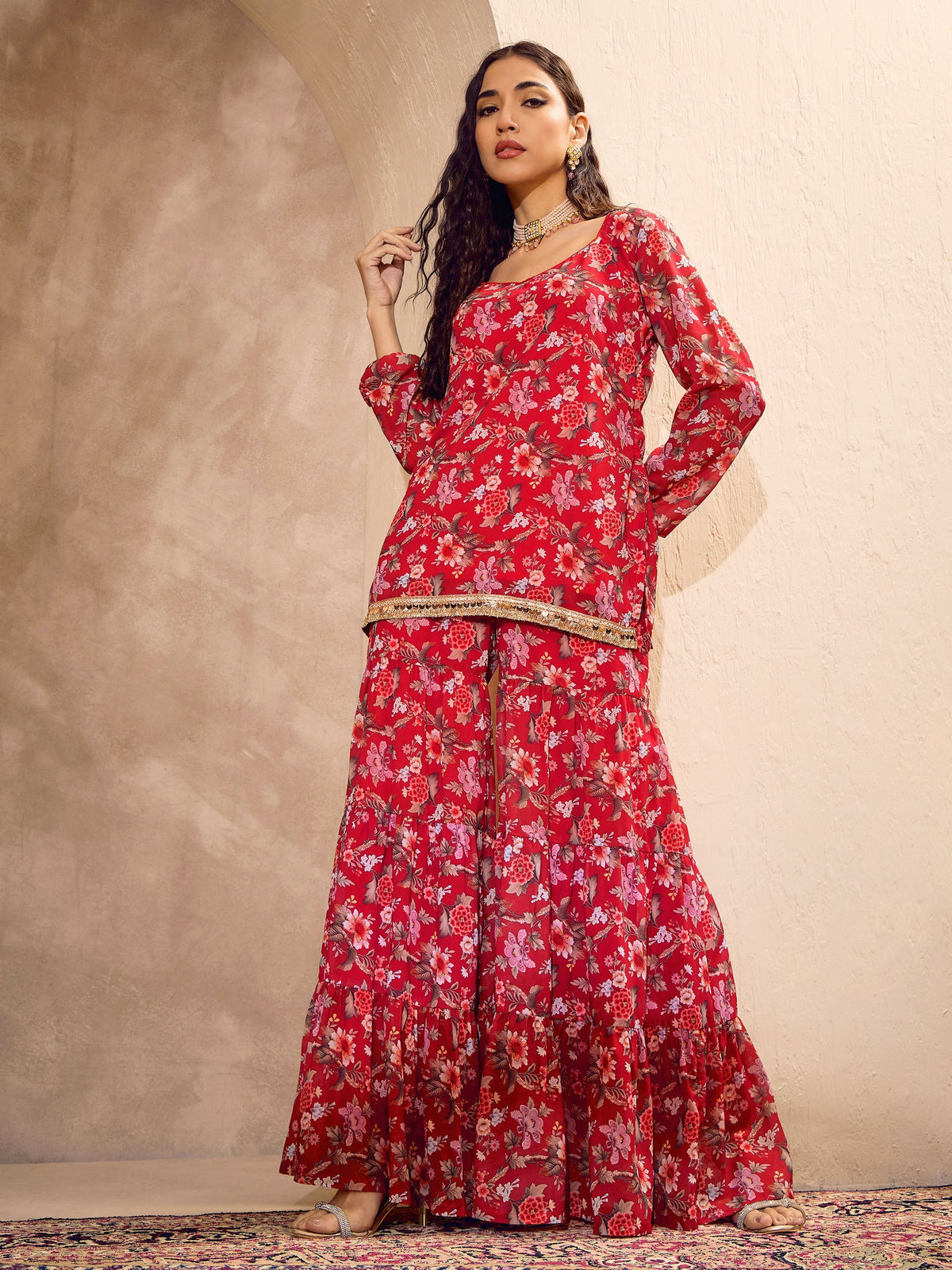 Women Red Floral Short Kurta With Tiered Sharara