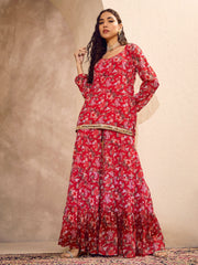 Women Red Floral Short Kurta With Tiered Sharara