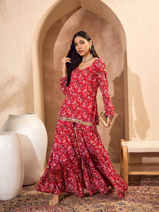 Women Red Floral Short Kurta With Tiered Sharara