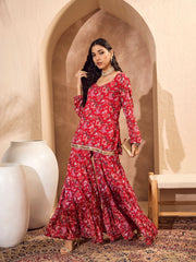 Women Red Floral Short Kurta With Tiered Sharara