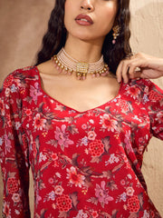 Women Red Floral Short Kurta With Tiered Sharara