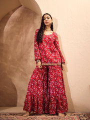 Women Red Floral Short Kurta With Tiered Sharara