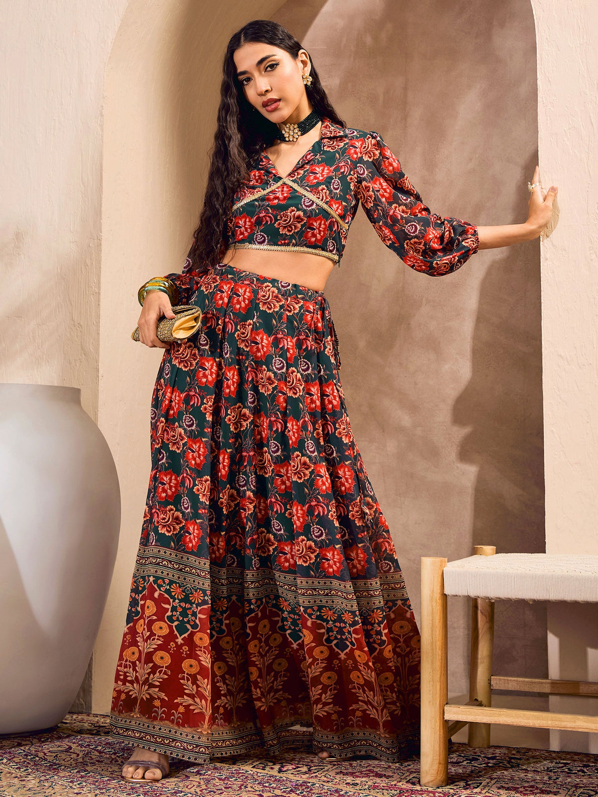 Women Green Floral Collar Crop Top With Anarkali Skirt