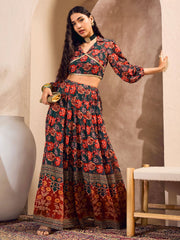 Women Green Floral Collar Crop Top With Anarkali Skirt