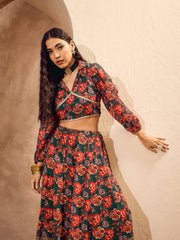 Women Green Floral Collar Crop Top With Anarkali Skirt