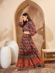Women Green Floral Collar Crop Top With Anarkali Skirt