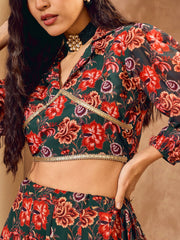 Women Green Floral Collar Crop Top With Anarkali Skirt