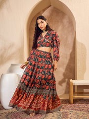 Women Green Floral Collar Crop Top With Anarkali Skirt