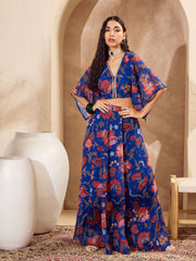 Women Blue Floral V Neck Crop Top With Anarkali Skirt