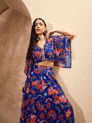 Women Blue Floral V Neck Crop Top With Anarkali Skirt
