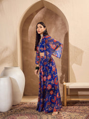 Women Blue Floral V Neck Crop Top With Anarkali Skirt