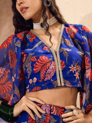 Women Blue Floral V Neck Crop Top With Anarkali Skirt