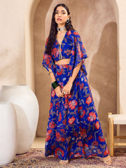 Women Blue Floral V Neck Crop Top With Anarkali Skirt