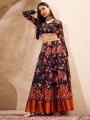 Women Black Floral Wrap Crop Top With Anarkali Skirt