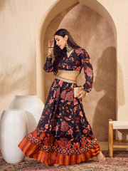 Women Black Floral Wrap Crop Top With Anarkali Skirt